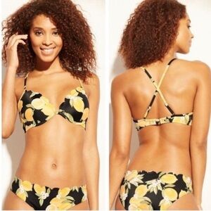 Shade & Shore Black & Yellow Lemon & Floral Print Contour Ruffle Bikini Set S